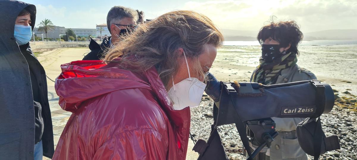 La edil de Medio Ambiente, Ángeles Domínguez, observando aves desde A Toxa.