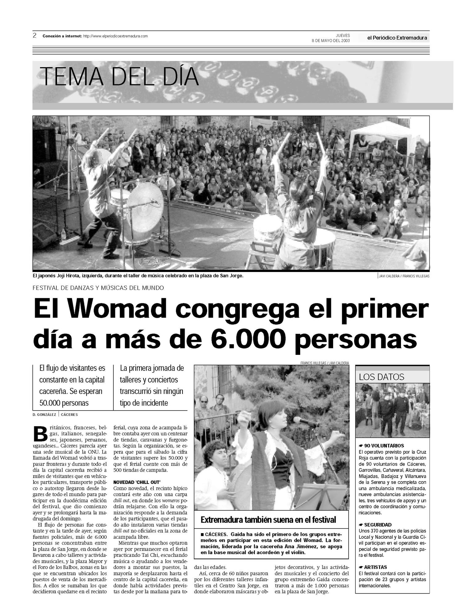 Página de El Periódico Extremadura el 8 de mayo de 2003.