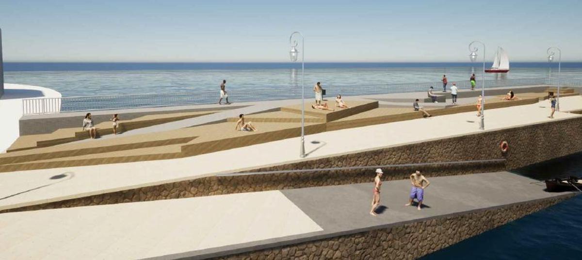 Infografía de la zona del muelle con los nuevos solariums proyectados.