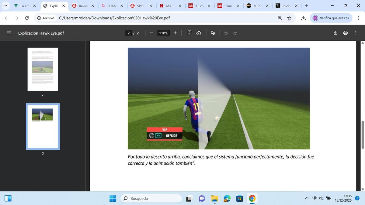 Imagen proporcionada por Hawk-Eye Innovations para justificar el fuera de juego de Raphinha
