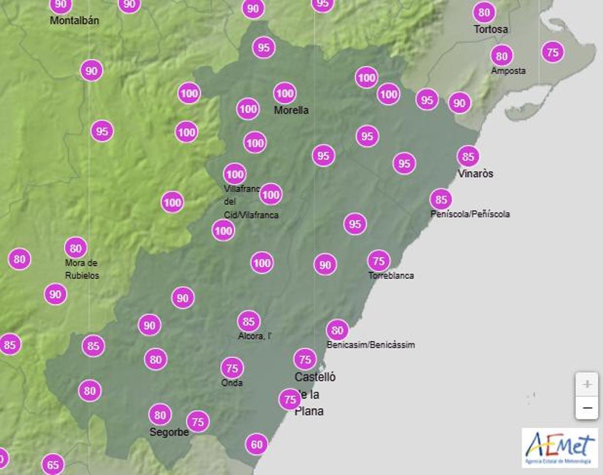 Probabilidad de lluvia en Castellón el domingo entre las 12.00 y las 18.00 horas.