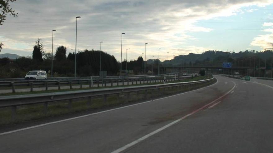 La mancha de sangre dejada por el jabalí atropellado en la autovía a la altura de El Berrón.