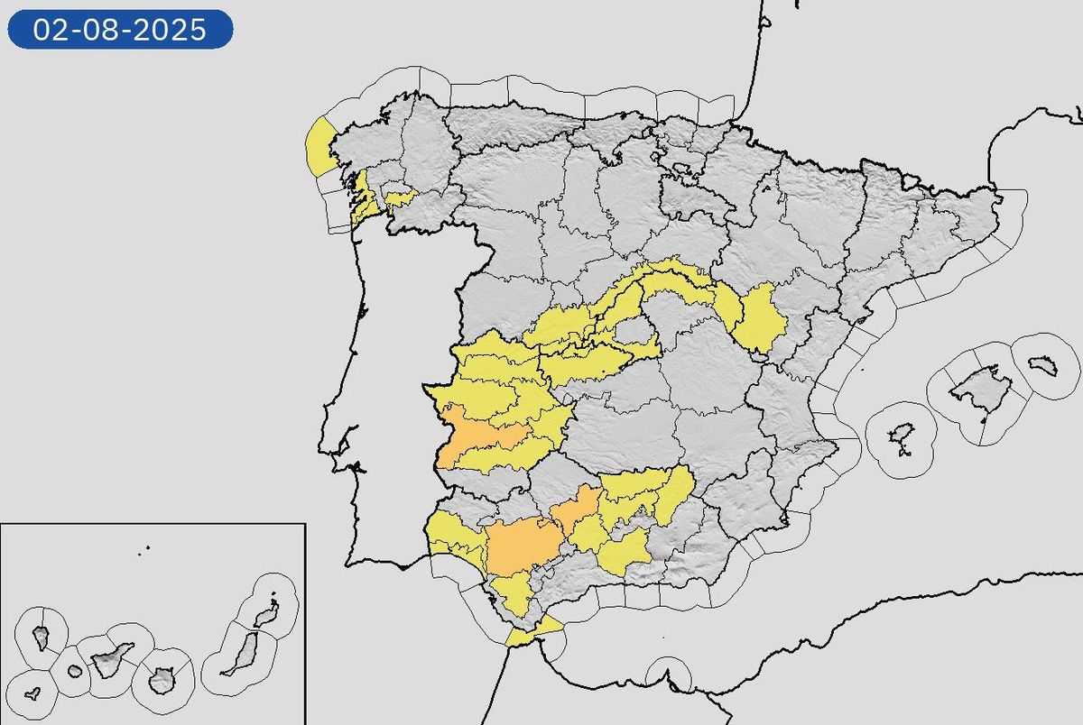 Mapa de avisos de la Aemet para este sábado, 2 de agosto
