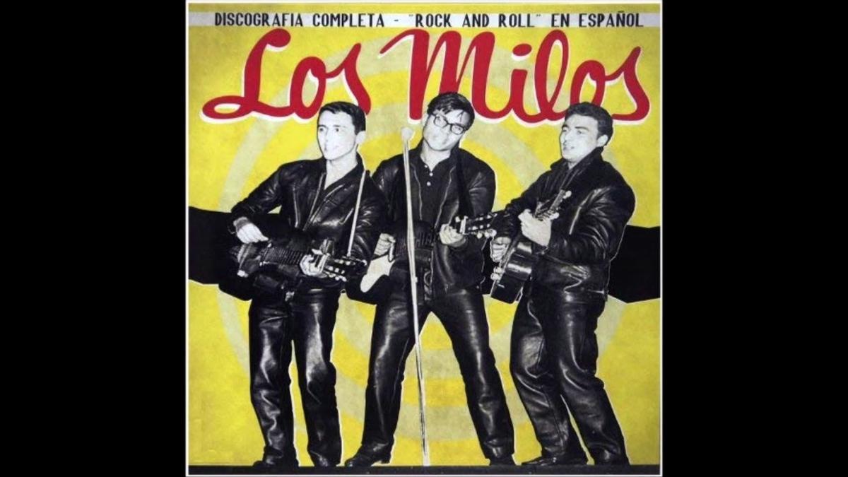 Los Milos, vestidos completamente de cuero, en la portada de un disco recopilatorio de sus canciones.