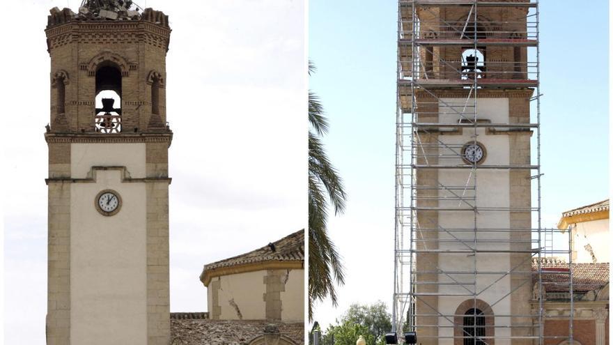 Imagen de la Ermita de la Virgen de las Huertas tras el terremoto y durante su reconstrucción.