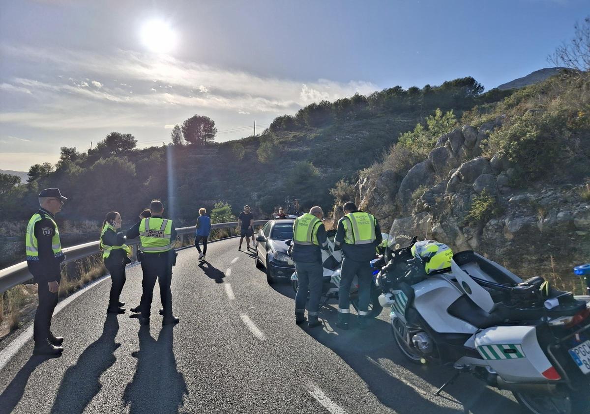 La Guardia Civil y la Policía Local en la curva del accidente