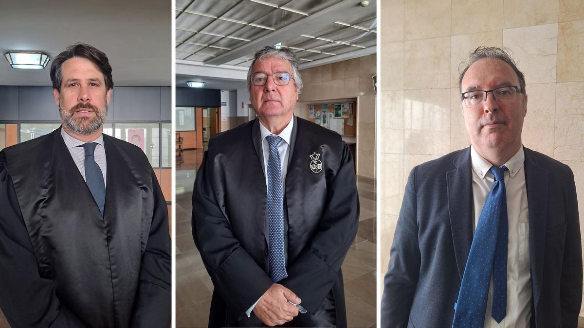 De izquierda a derecha, los abogados Raúl Montaño (acusación particular), José Duarte (defensa) y Leopoldo Torrado (defensa), este miércoles.