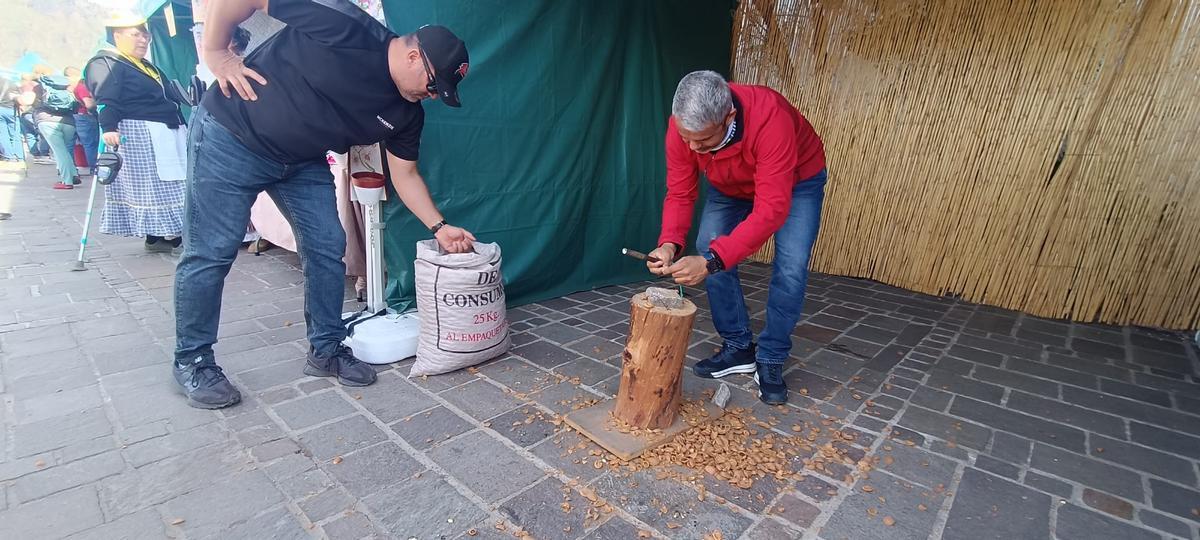 Un hombre, abriendo las almendras, en Tejeda.