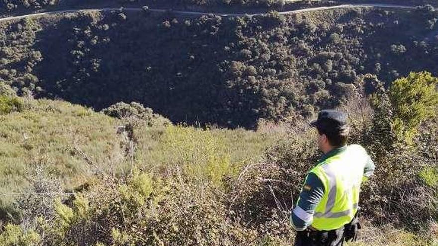 Un guardia mira el lugar, a 50 metros, donde acabó el vehículo. // FdV