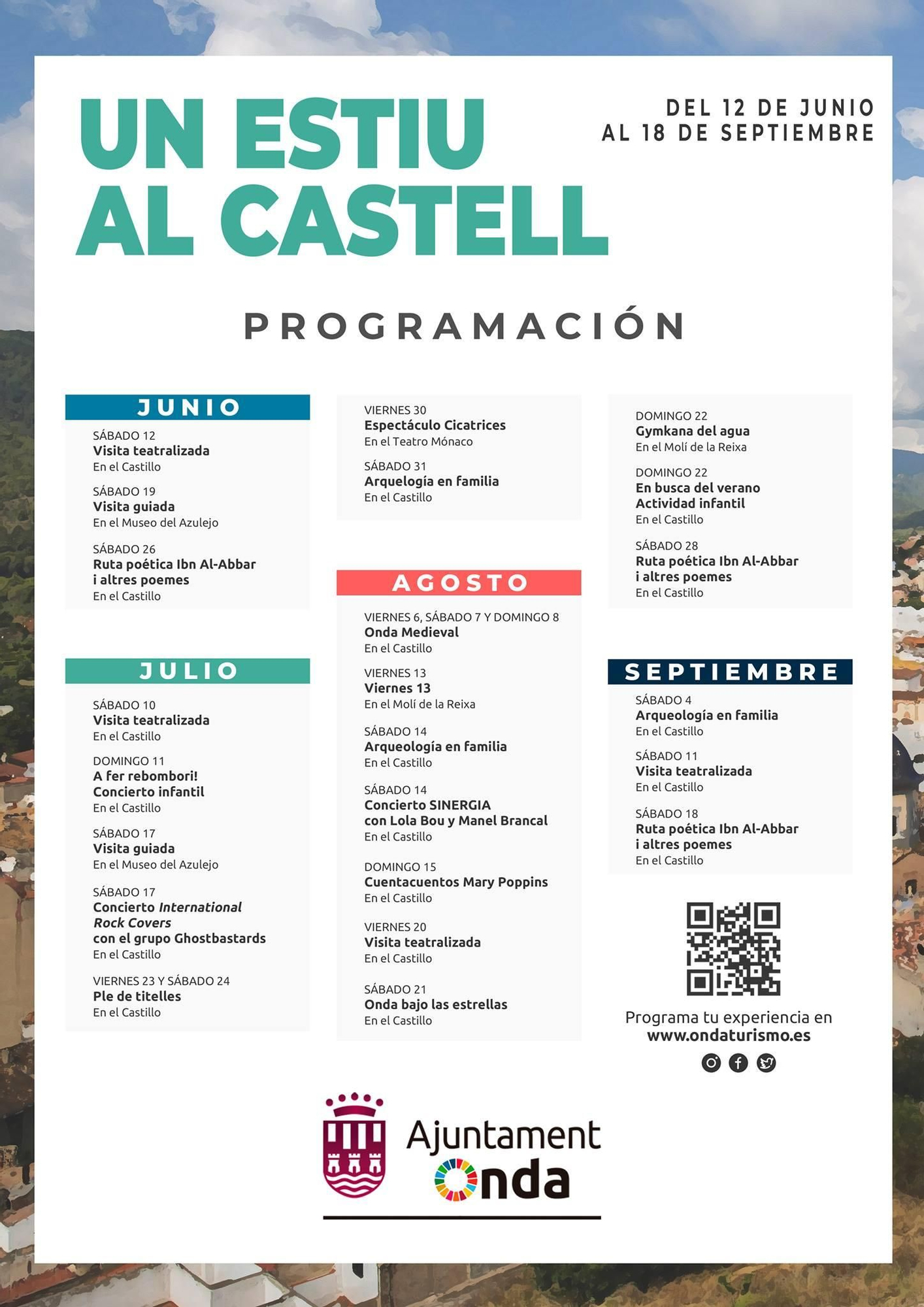 Cartel con el programa de actos que incluye la campaña &#039;Un estiu al castell&#039; en Onda.