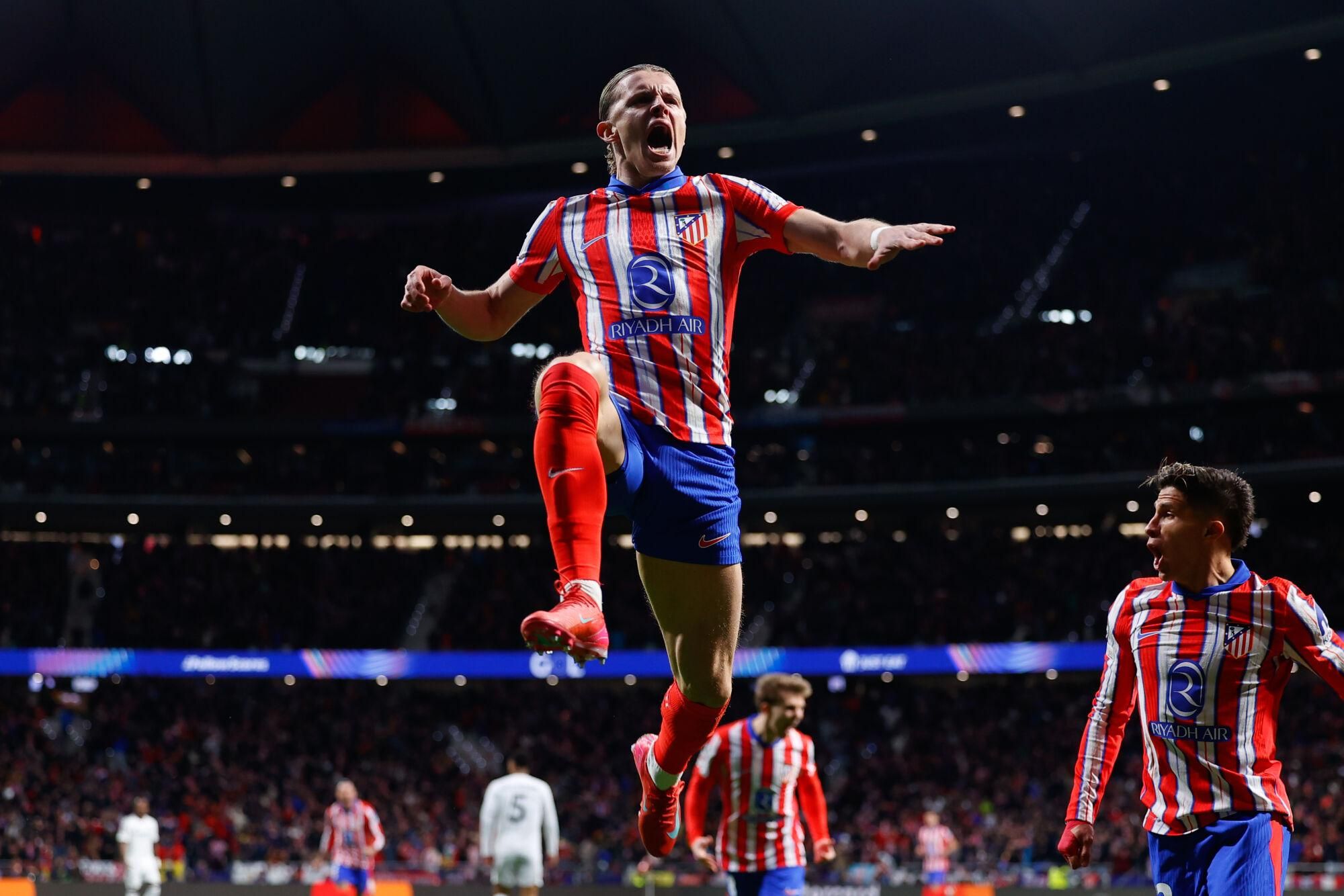 Conor Gallagher of Atletico de Madrid celebrates a goal during the UEFA Champions League 2024/25  League Round of 16 Second Leg match between Atletico de Madrid and Real Madrid CF, at Riyadh Air Metropolitano stadium on March 12, 2025, in Madrid, Spain. AFP7 12/03/2025 ONLY FOR USE IN SPAIN. Dennis Agyeman / AFP7 / Europa Press;2025;SPAIN;SPORT;ZSPORT;SOCCER;ZSOCCER;Atletico de Madrid v Real Madrid CF - UEFA Champions League 2024/25  League Round of 16 Second Leg;