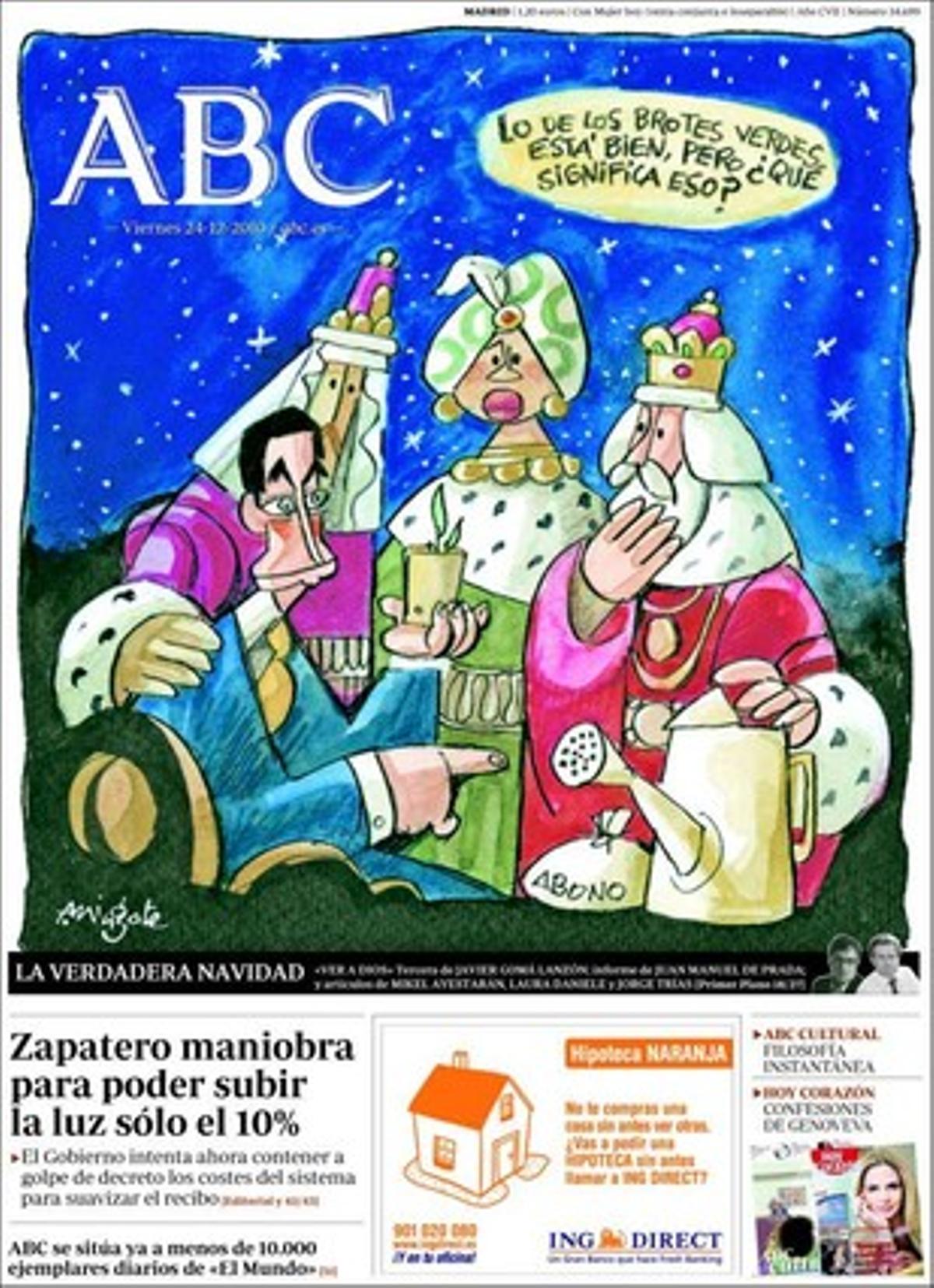 ’Abc’ destaca també que el Tribunal Constitucional insta per escrit Zapatero i les Corts a renovar l’alt tribunal; que el tripartit va pagar festivals de rock amb diners de la Conselleria d’Acció Social, i que el futbol espanyol està de vaga pels desacords en els horaris de la jornada del 2 de gener.
