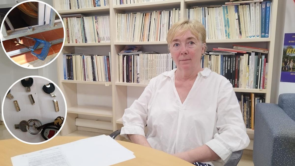 Chelo Alberola pide una solución ante los episodios agresivos de su hijo. En los círculos, llaves rotas y barrotes cortados con una sierra en su casa.