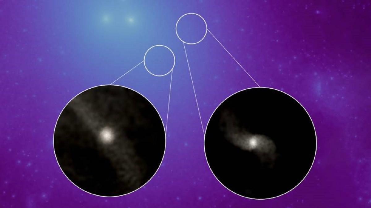 Los círculos muestran imágenes en primer plano de la luz estelar asociada con dos galaxias que carecen de materia oscura. Si estas galaxias tuvieran materia oscura, aparecerían como regiones brillantes en la imagen principal.