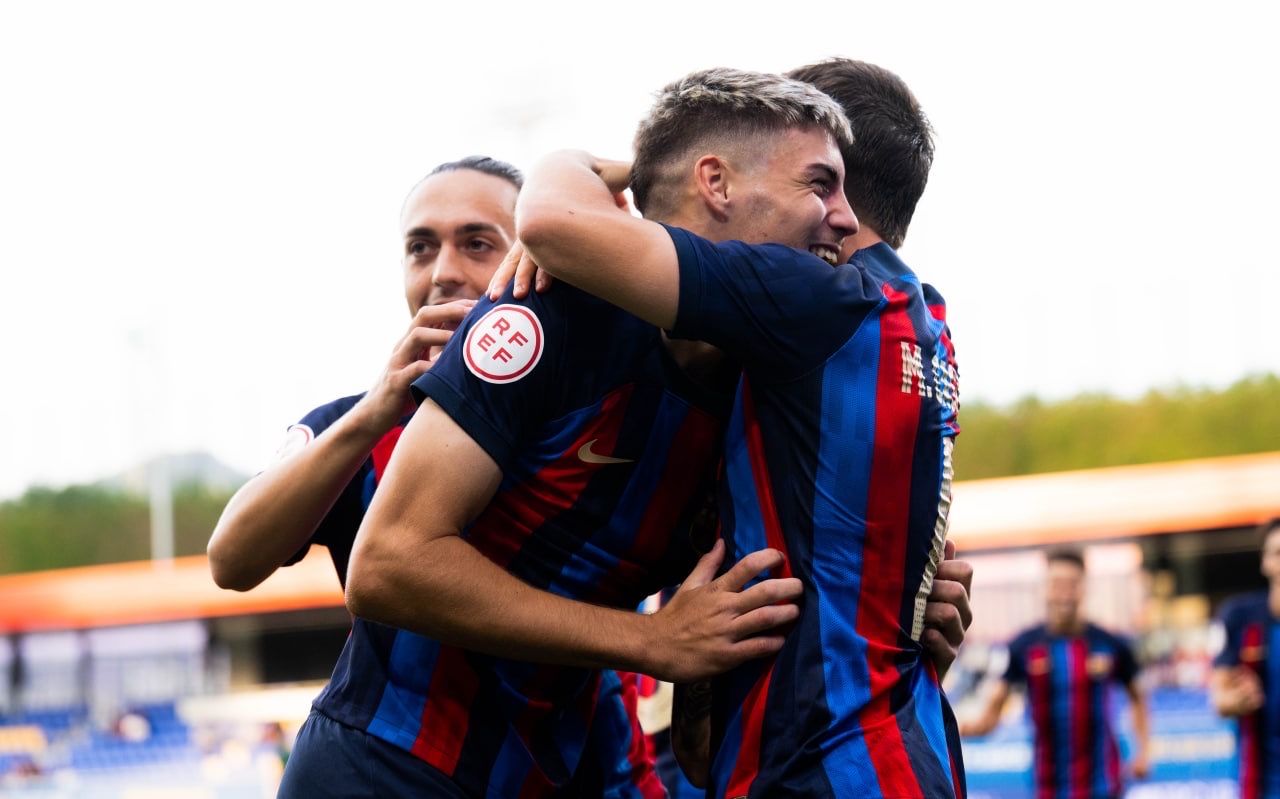 Roberto, celebrando el primer gol del Barça Atlètic ante el Real Murcia