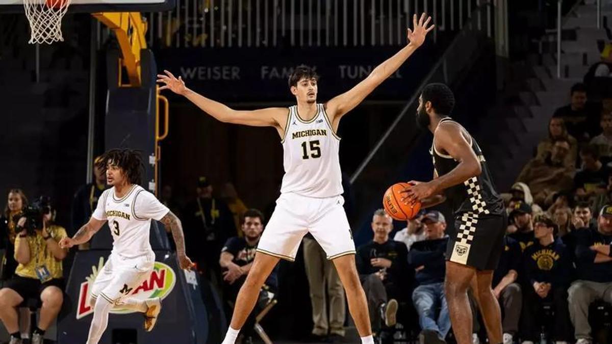 Aday Mara se hace grande ante un rival en un partido con Michigan