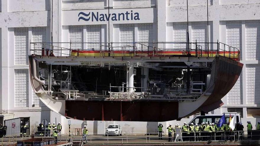 Puesta de quilla de un buque en los astilleros de Navantia en Ferrol.