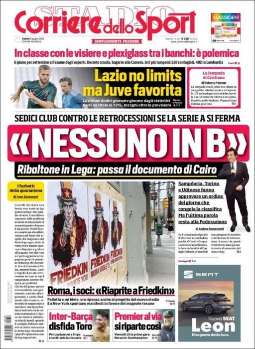 Portada CORRIERE DELLO SPORT sábado 6 junio 2020