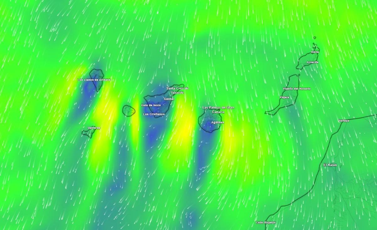 Mapa meteorológico de viento en Canarias para el sábado