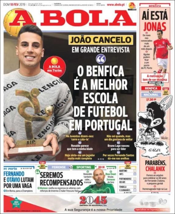 Portada A BOLA domingo 10 de febrero 2019