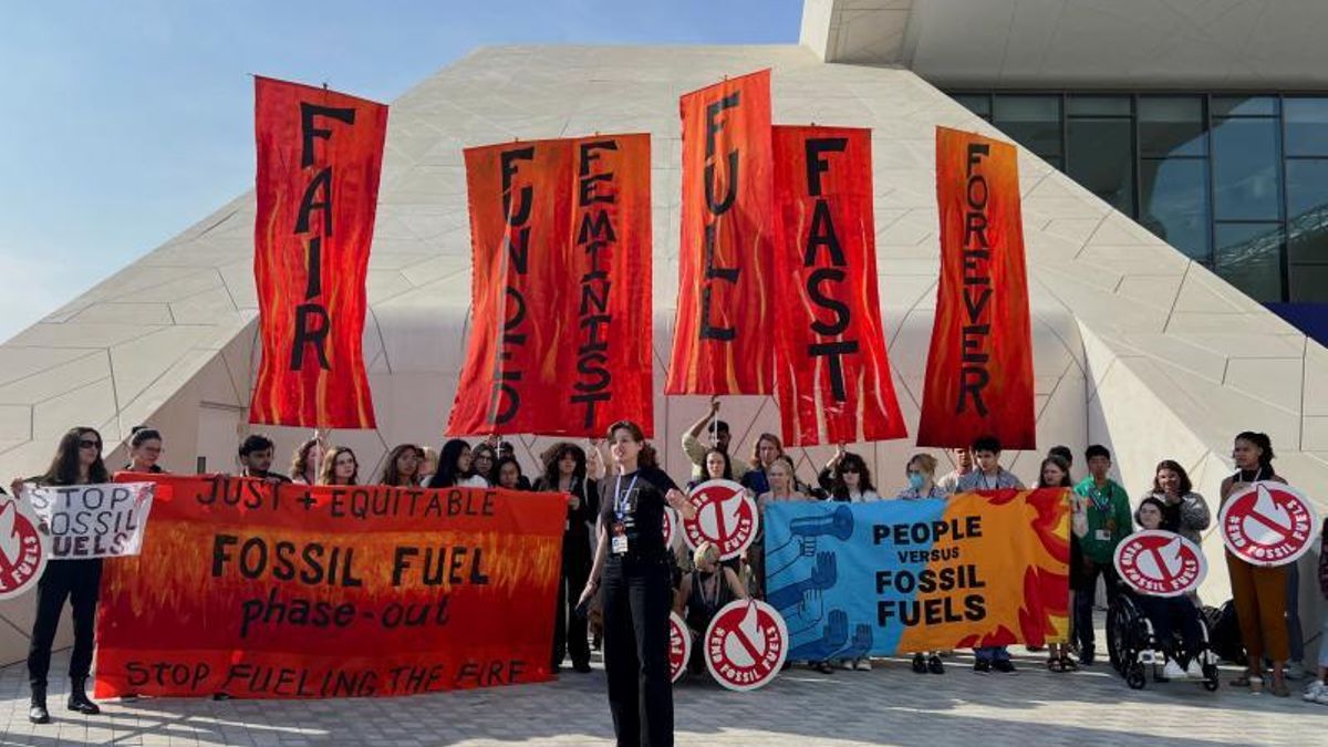 Climate activists protest after a draft of a negotiation deal was released, at the United Nations Climate Change Conference COP28 in Dubai