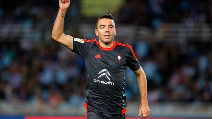 Iago Aspas celebra el gol marcado en Anoeta // LOF