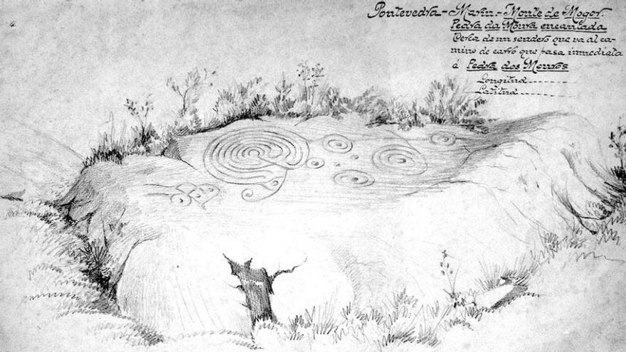 Dibujo original del petroglifo de Enrique Campo Sobrino. Museo de Pontevedra. // Reproducción Antonio Costas