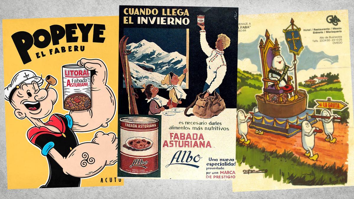 A la izquierda, cartel del estudio Acuto Design inspirado en Popeye, el gran comedor de espinacas en conserva. En el centro, anuncio de la fabada de Albo de 1959 (Hemeroteca de ABC). A la derecha, alfonso Iglesias, pintor e historietista, autor de Pinón, Telva y Pinín, imaginó al final de su carrera este homenaje a la faba para el recordado restaurante La Gruta