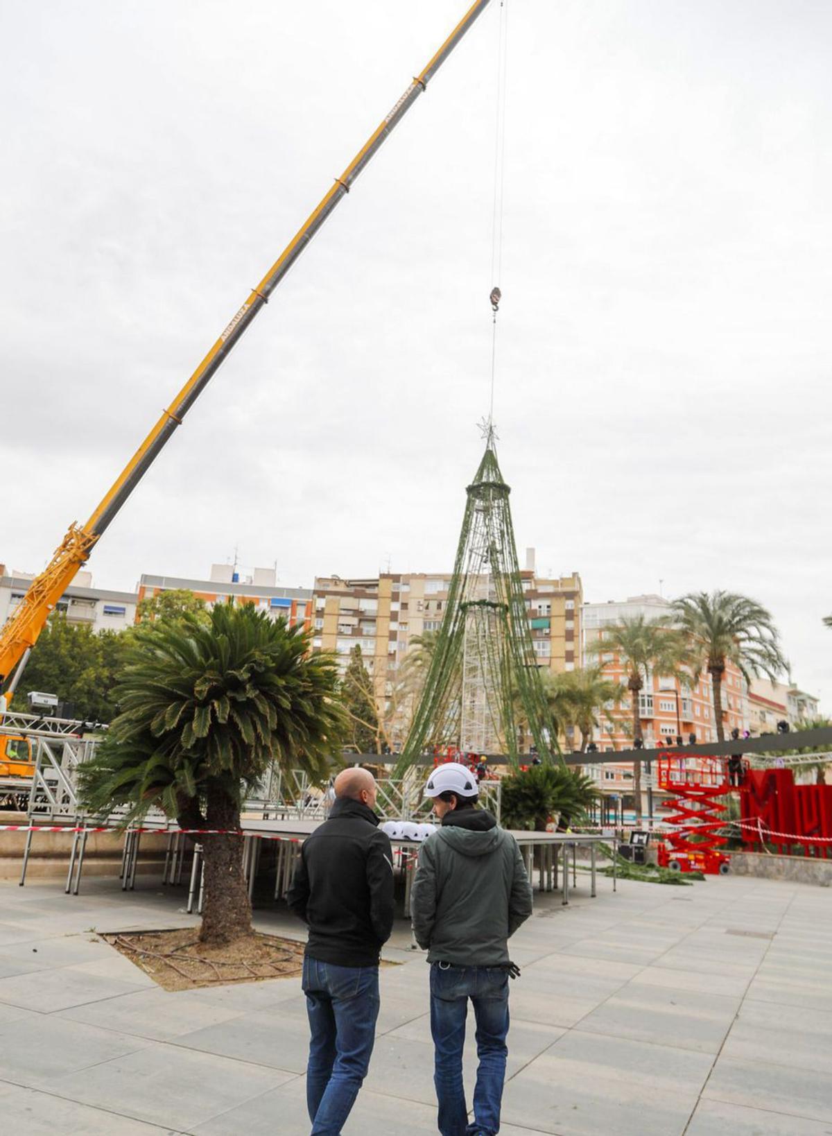 Montaje del árbol de Navidad en la plaza Circular.  | FRANCISCO PEÑARANDA