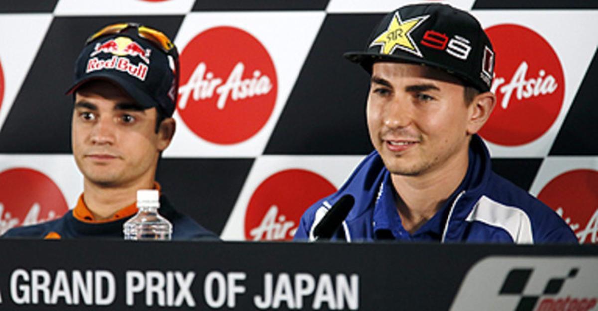 Dani Pedrosa i Jorge Lorenzo, durant la roda de premsa celebrada al circuit de Motegi (Japó). Dani Pedrosa i Jorge Lorenzo, durant la roda de premsa celebrada al circuit de Motegi (Japó).
