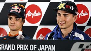 Dani Pedrosa i Jorge Lorenzo, durant la roda de premsa celebrada al circuit de Motegi (Japó).