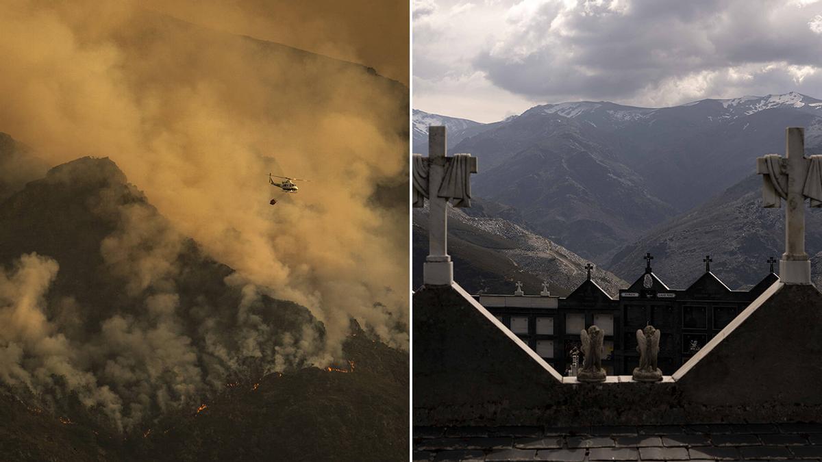 Incendio en agosto de 2025 en la zona de Casaio, en Pena Trevinca (Ourense) y la misma zona un año después