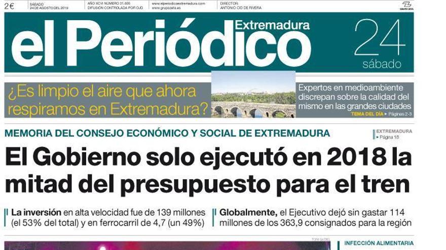 Esta es la portada de EL PERIÓDICO EXTREMADURA correspondiente al día 24 de agosto del 2019