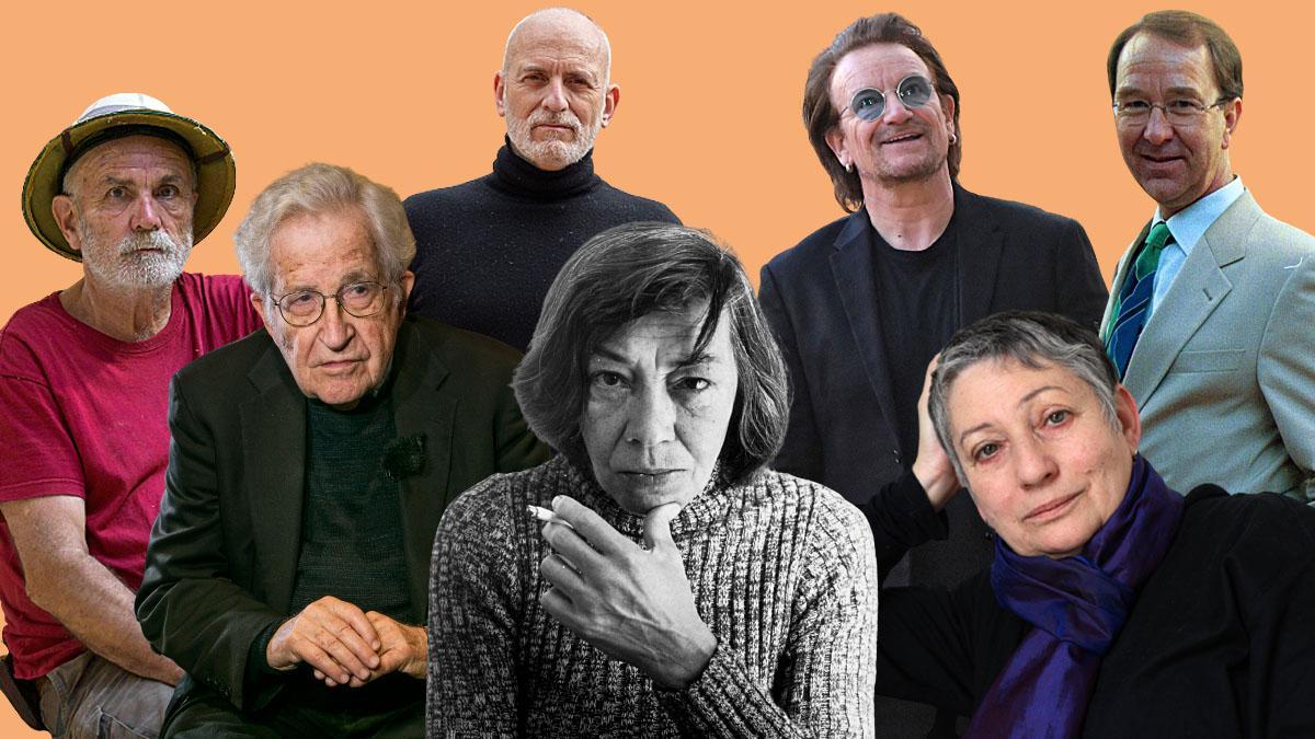 De izquierda a derecha, Eudald Carbonell, Noam Chomsky, Alejandro Palomas, Patricia Highsmith, Bono, Liudmila Ulítskaya e Ian Kershaw.