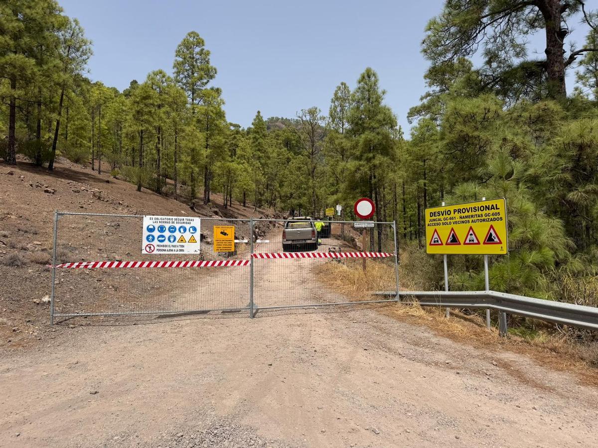 La vía cerrada y en obras.