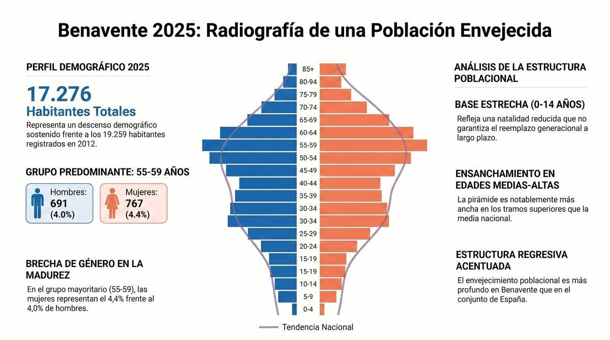 Comparativa de la pirámide de población de Benavente y la nacional en 2025
