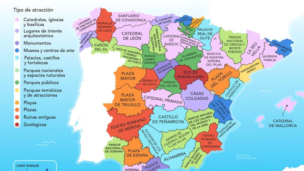 Mapa de la atracción turística más popular de cada provincia de España.