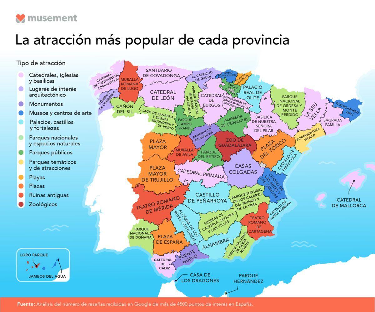 Mapa de la atracción turística más popular de cada provincia de España.