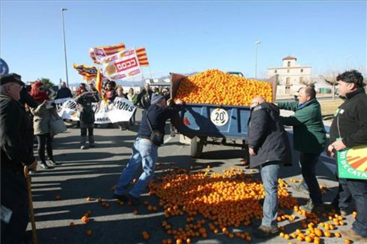 Pagesos participants en la tractorada descarreguen, aquest dissabte, un remolc de mandarines a la C-12 a l’altura de Tortosa.