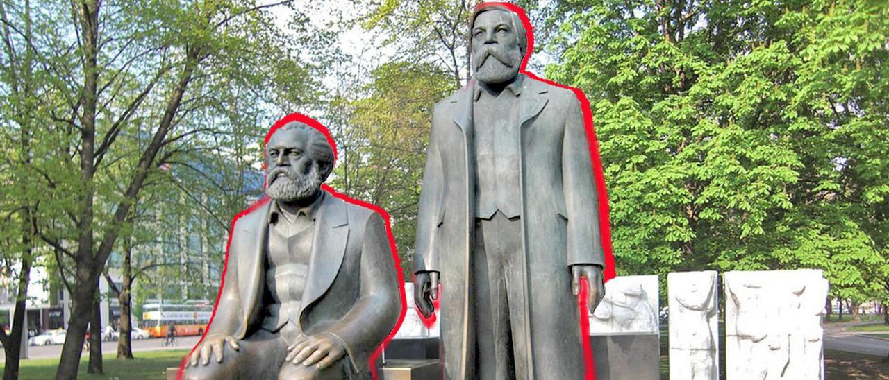 Monumento a Karl Marx e Friedrich Engels no Marx-Engels-Forum, no barrio de Mitte (Berlín, 1986).