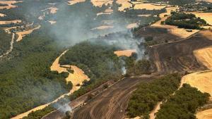Incendio de vegetación agrícola y forestal en Savallà del Comtat (Conca de Barberà, Tarragona), este martes 7 de julio de 2026.