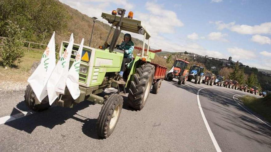 Una fila de tractores recorrió la OU-533 entre los municipios ourensanos de A Gudiña y Viana do Castelo.