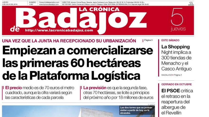 Esta es la portada de LA CRÓNICA DE BADAJOZ correspondiente al día 5 de julio del 2018