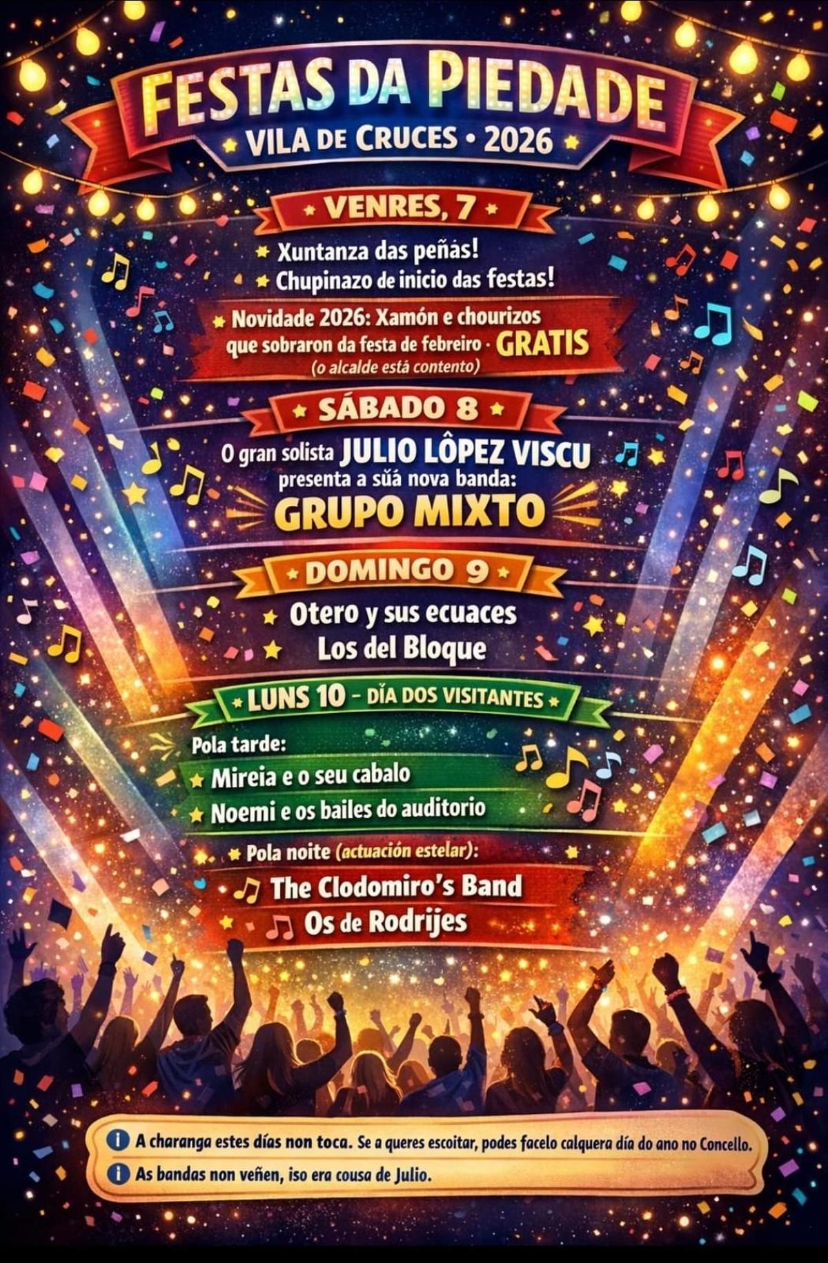 Cartel con las actuaciones políticas en las fiestas de A Piedade.