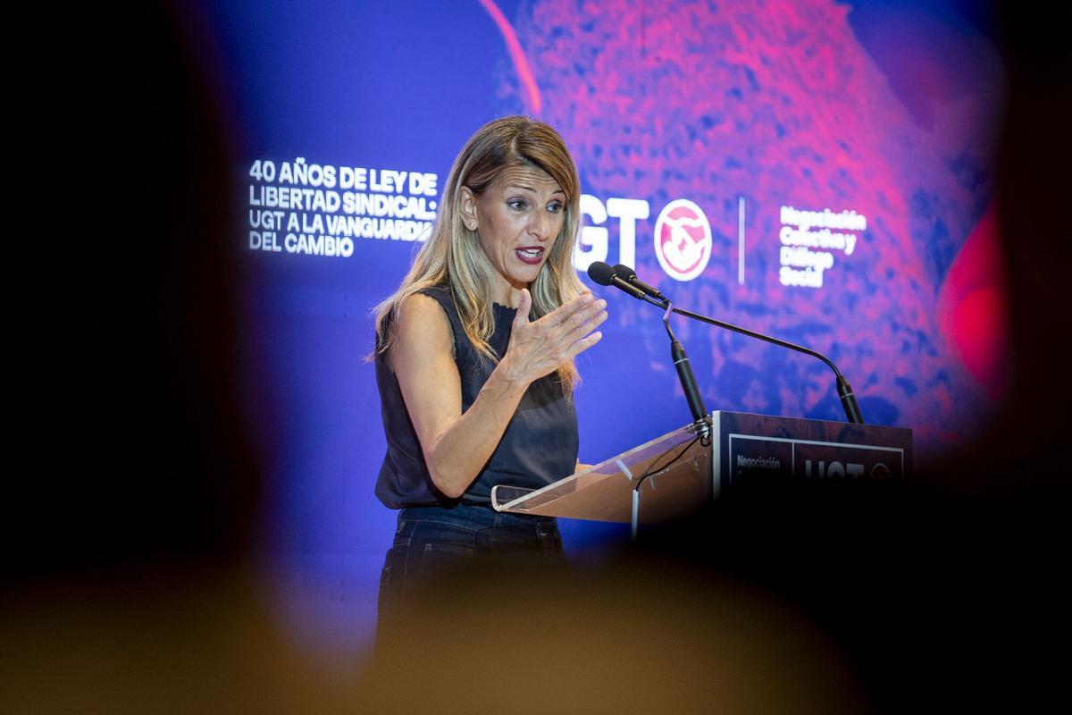 La vicepresidenta segunda y ministra de Trabajo y Economía Social, Yolanda Díaz, este miércoles en un acto de UGT.