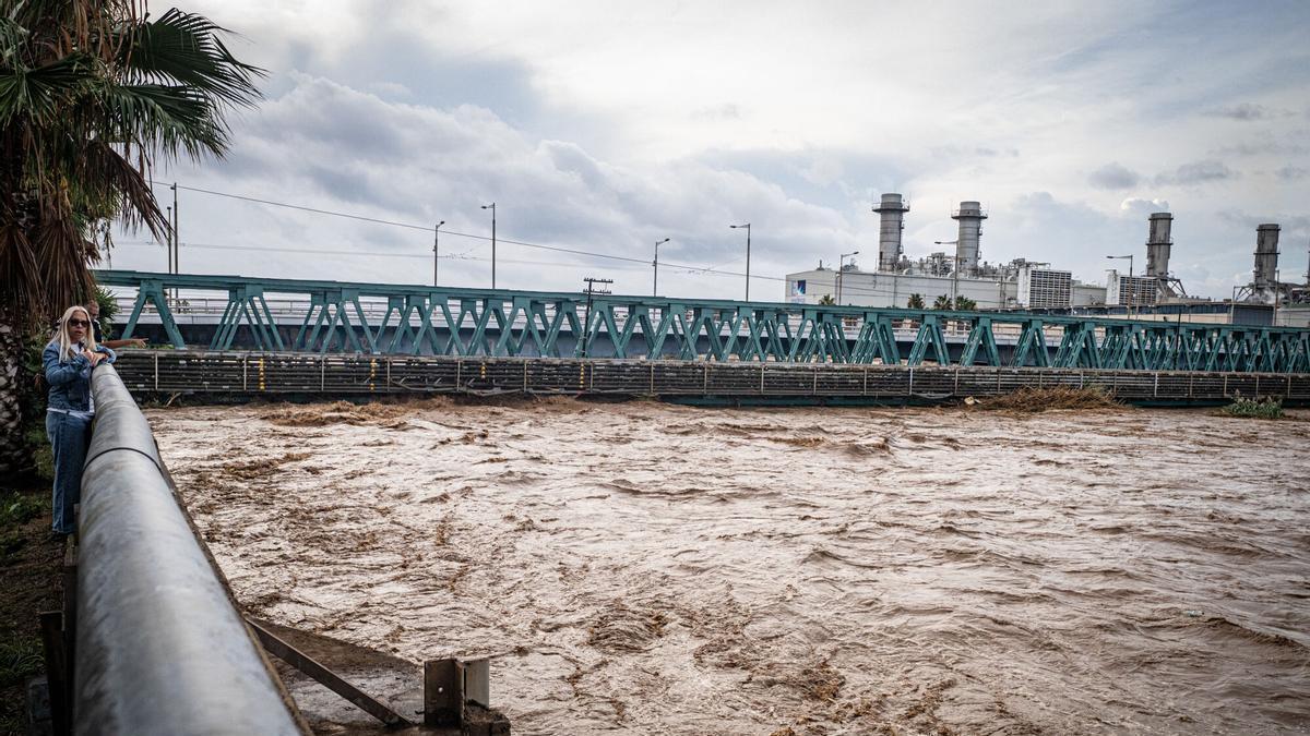 El puente del ferrocarril de Sant Adrià, por donde circula la R1 de Rodalies, durante la crecida del río Besòs el domingo pasado.