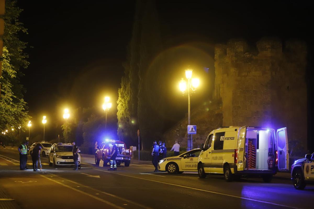 Efectivos de la Policía Local, esta noche, en la avenida del Alcázar, donde se ha producido el atropello.