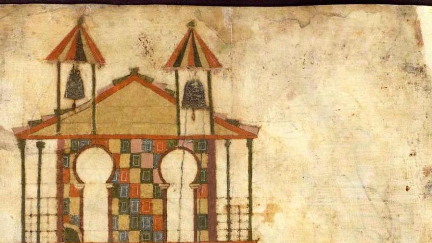 Sobre estas líneas, miniatura de la torre del monasterio tabarés junto a otras dos imágenes del Beato de Tábara.