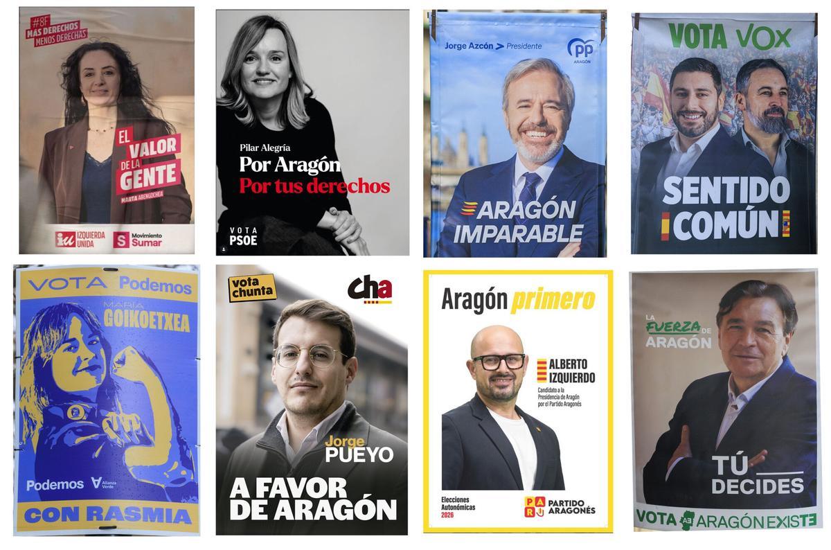 Combo con carteles electorales de partidos políticos que concurren a las elecciones regionales en Aragón. Uno de los primeros combates de unas elecciones se libra en los lemas y en los carteles que empapelan las vallas y muros y suenan en las cuñas de radio y televisión, y la campaña del 8F ha arrancado con esa batalla de las cuatro palabras, nunca más de media docena, que en esta ocasión tira mucho de Aragón como identidad y bandera y de los derechos como objetivo y promesa. EFE