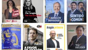 Combo con carteles electorales de partidos políticos que concurren a las elecciones regionales en Aragón. Uno de los primeros combates de unas elecciones se libra en los lemas y en los carteles que empapelan las vallas y muros y suenan en las cuñas de radio y televisión, y la campaña del 8F ha arrancado con esa batalla de las cuatro palabras, nunca más de media docena, que en esta ocasión tira mucho de Aragón como identidad y bandera y de los derechos como objetivo y promesa. EFE